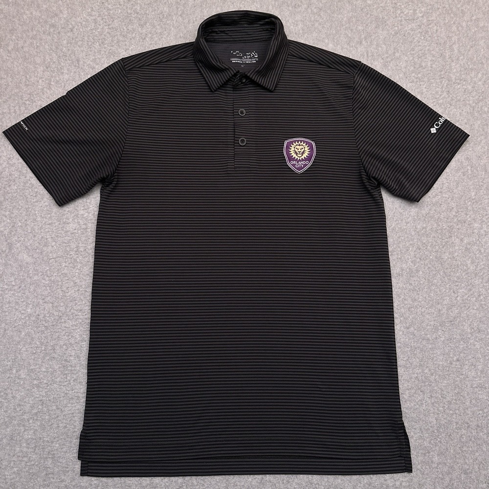 Columbia Men’s Black Thin-Striped Polo with Purple & Gold Crest
